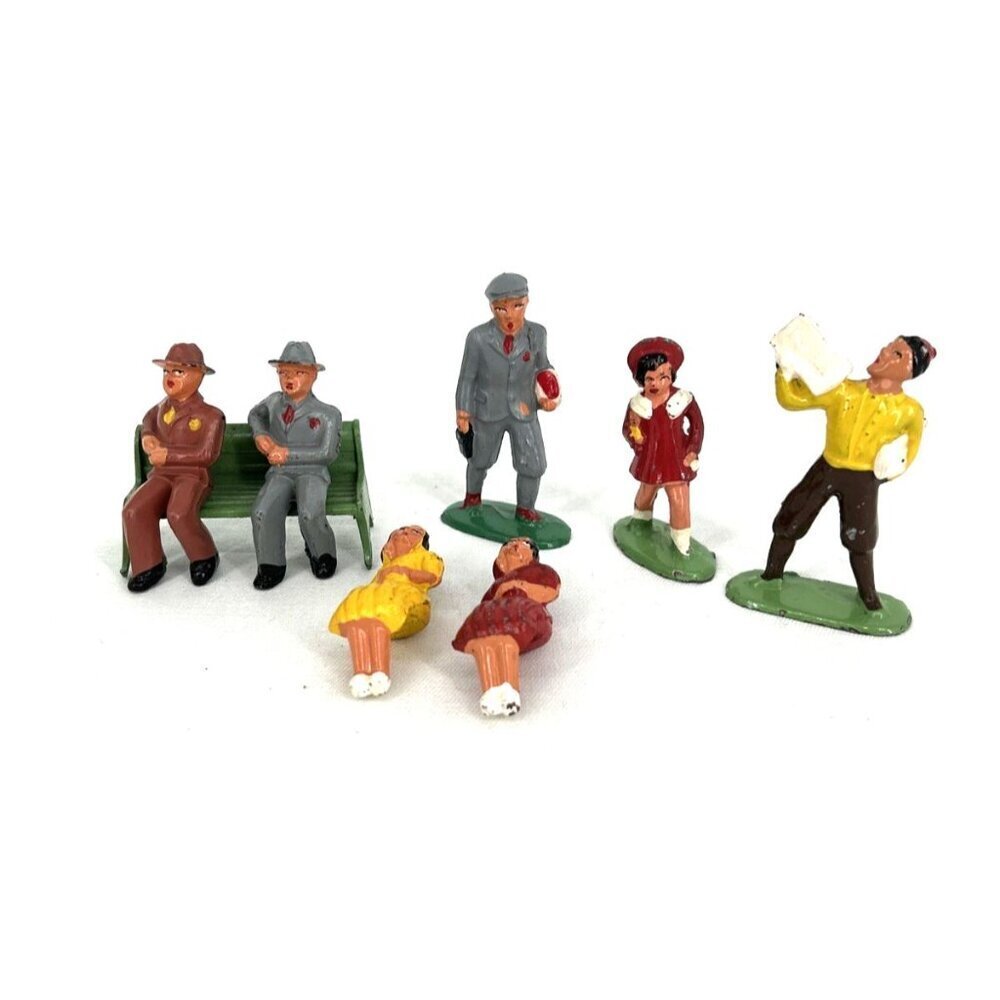 Cast Metal People and Park Bench 1930s Vintage Lot of 8